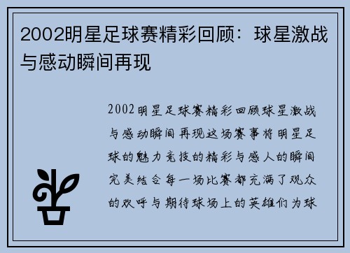 2002明星足球赛精彩回顾：球星激战与感动瞬间再现