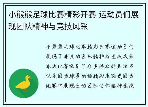 小熊熊足球比赛精彩开赛 运动员们展现团队精神与竞技风采