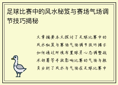 足球比赛中的风水秘笈与赛场气场调节技巧揭秘