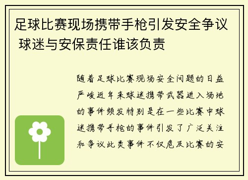 足球比赛现场携带手枪引发安全争议 球迷与安保责任谁该负责