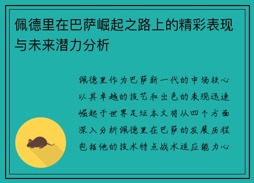 佩德里在巴萨崛起之路上的精彩表现与未来潜力分析
