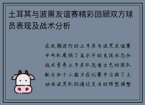 土耳其与波黑友谊赛精彩回顾双方球员表现及战术分析