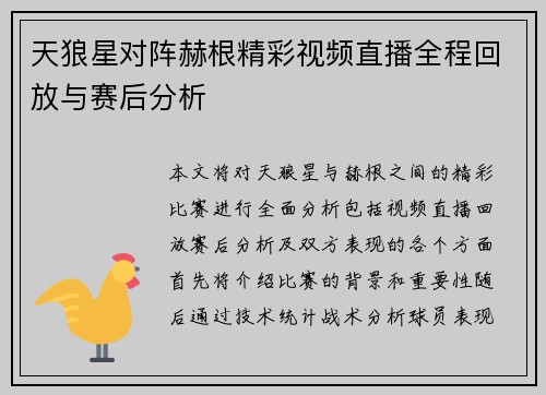 天狼星对阵赫根精彩视频直播全程回放与赛后分析
