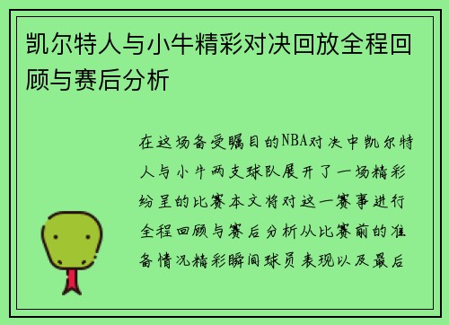 凯尔特人与小牛精彩对决回放全程回顾与赛后分析