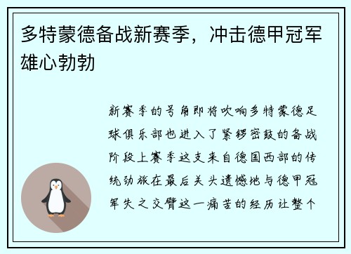 多特蒙德备战新赛季，冲击德甲冠军雄心勃勃