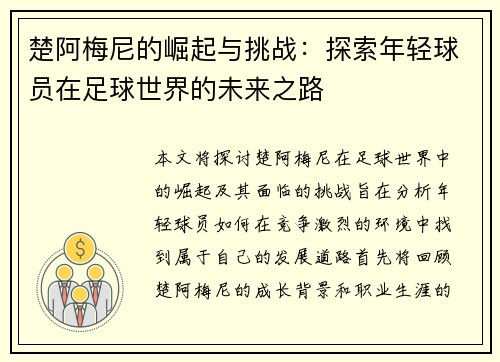 楚阿梅尼的崛起与挑战：探索年轻球员在足球世界的未来之路