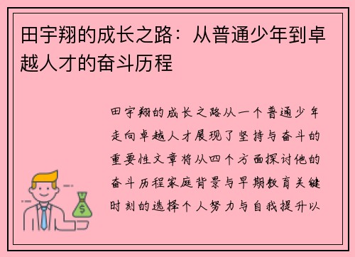 田宇翔的成长之路：从普通少年到卓越人才的奋斗历程
