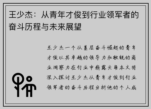 王少杰：从青年才俊到行业领军者的奋斗历程与未来展望