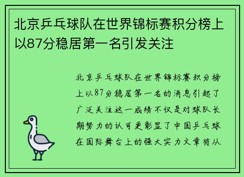北京乒乓球队在世界锦标赛积分榜上以87分稳居第一名引发关注