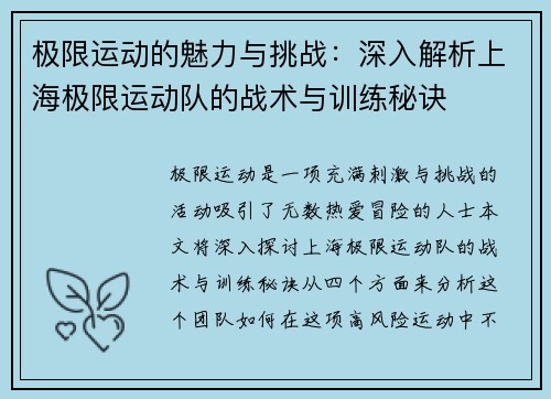 极限运动的魅力与挑战：深入解析上海极限运动队的战术与训练秘诀