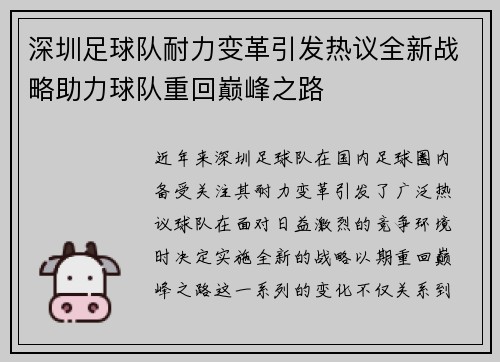 深圳足球队耐力变革引发热议全新战略助力球队重回巅峰之路